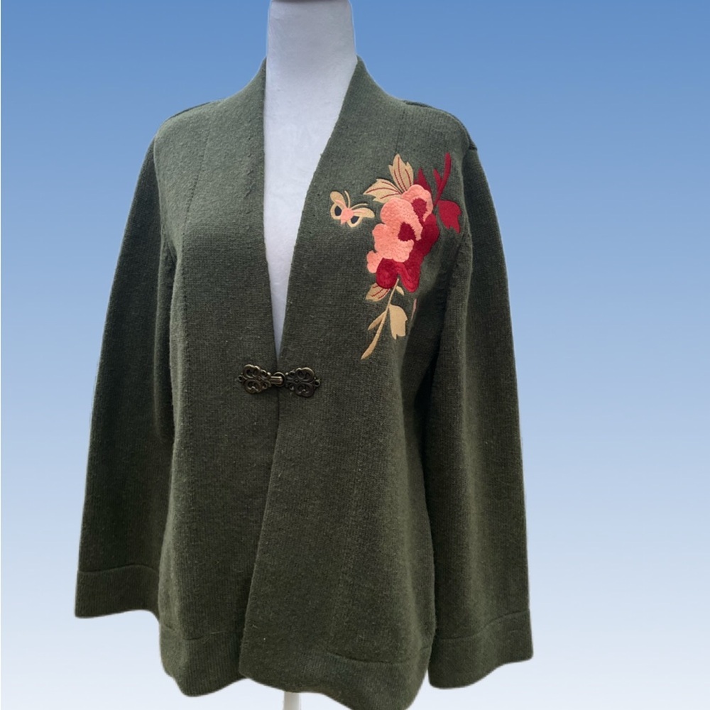 Soft Surroundings Olive Cardigan with Floral Embroidery size M
